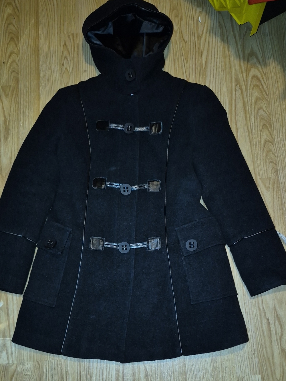 Vintage Arte Pelle Women’s Black Wool Blend Hooded Duffle Coat..size M..
